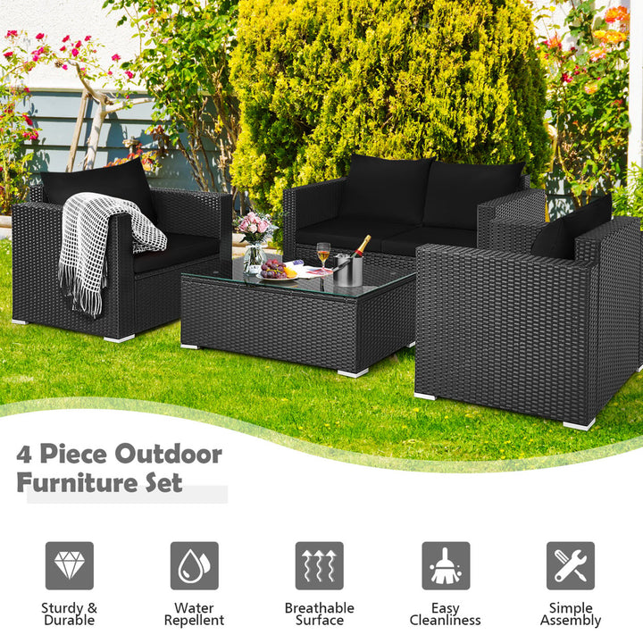 4PCS Patio Rattan Furniture Set Cushioned Sofa Chair Coffee Table Black Image 5