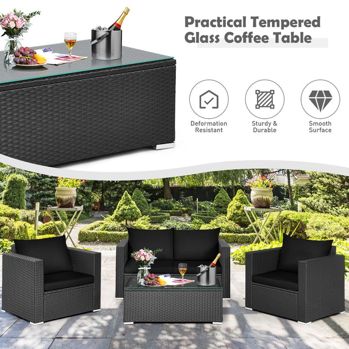 4PCS Patio Rattan Furniture Set Cushioned Sofa Chair Coffee Table Black Image 6