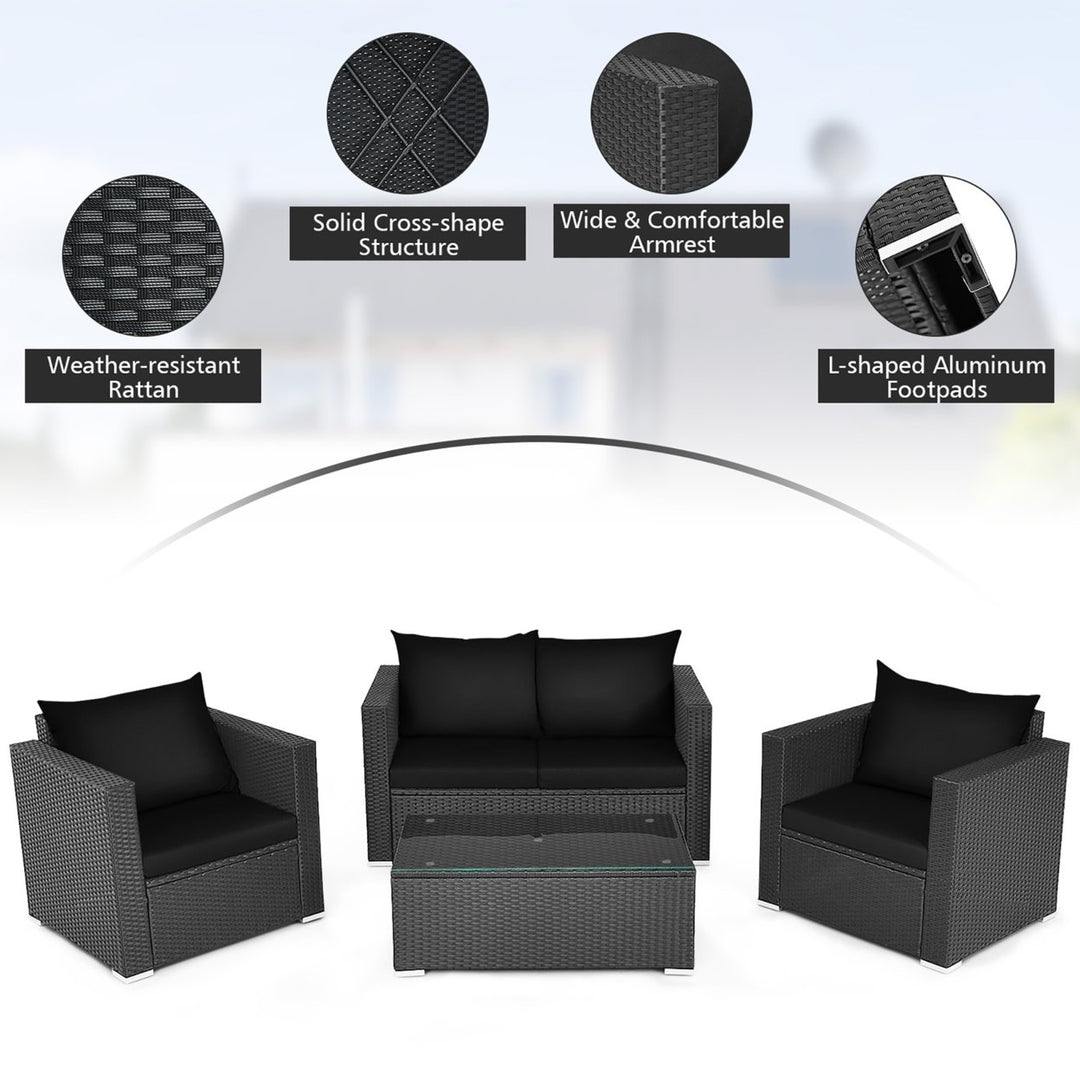 4PCS Patio Rattan Furniture Set Cushioned Sofa Chair Coffee Table Black Image 7