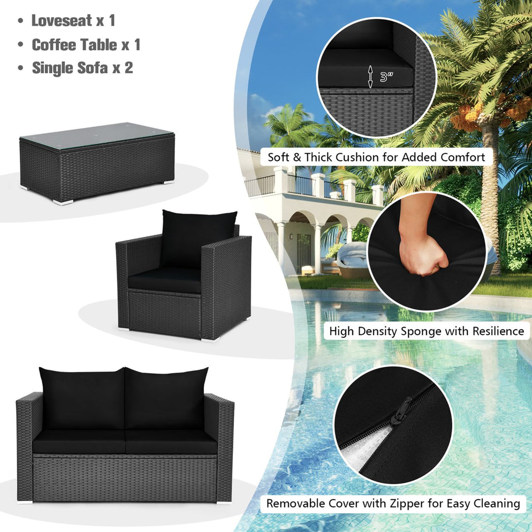 4PCS Patio Rattan Furniture Set Cushioned Sofa Chair Coffee Table Black Image 8