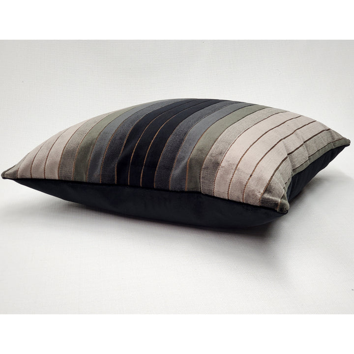 Carbon Stripes Velvet Throw Pillow 20x20 Black Taupe Olive Green Polyfill Insert Image 3