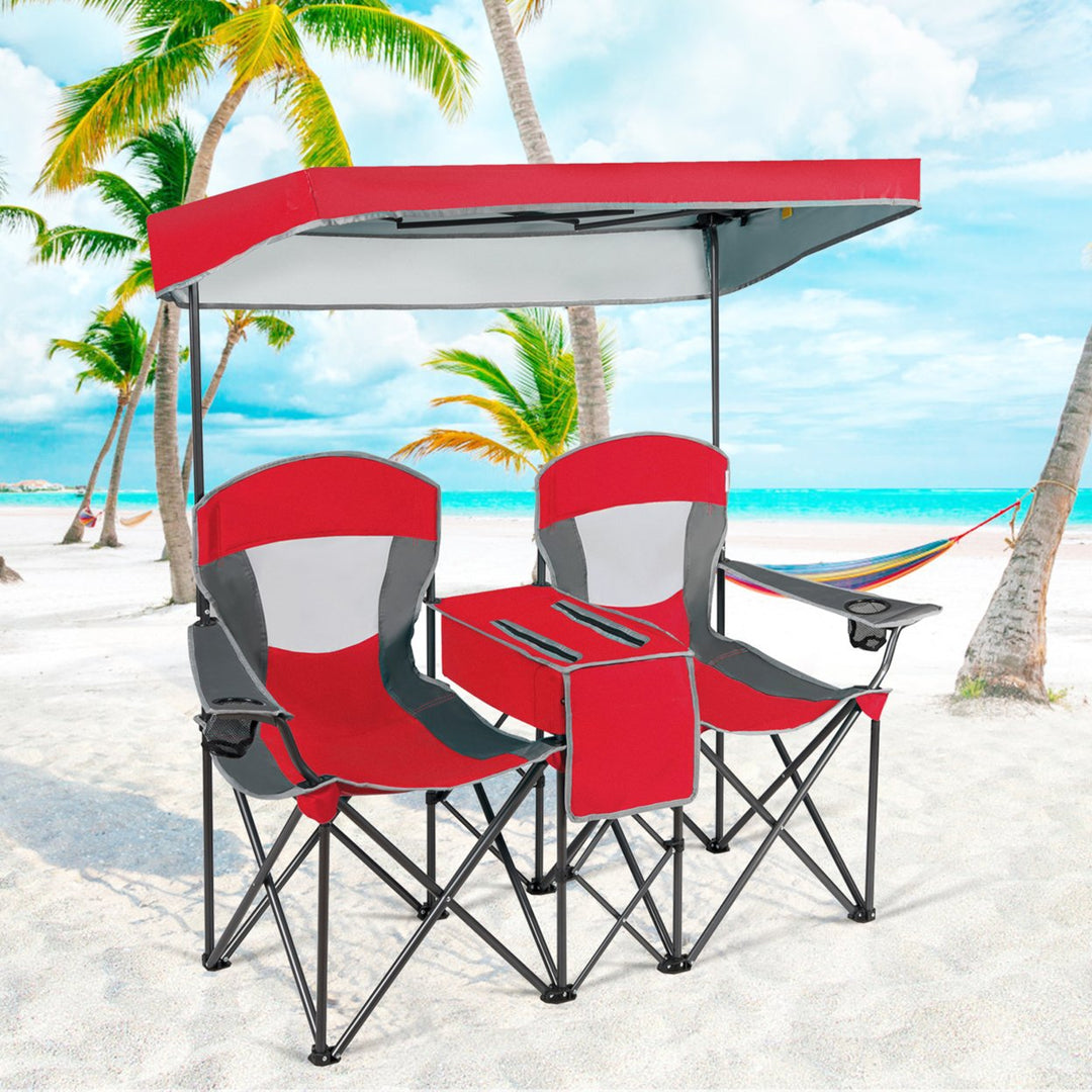 Folding 2-person Camping Chairs Double Sunshade Chairs w/ Canopy Blue/Turquoise/Red Image 6