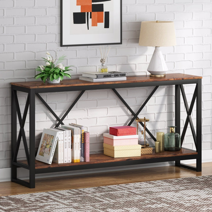 Tribesigns 70.9 Inch Industrial Sofa Console Table Black Steel Rustic Wood Image 1