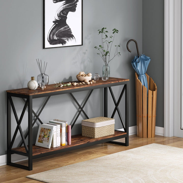 Tribesigns 70.9 Inch Industrial Sofa Console Table Black Steel Rustic Wood Image 3