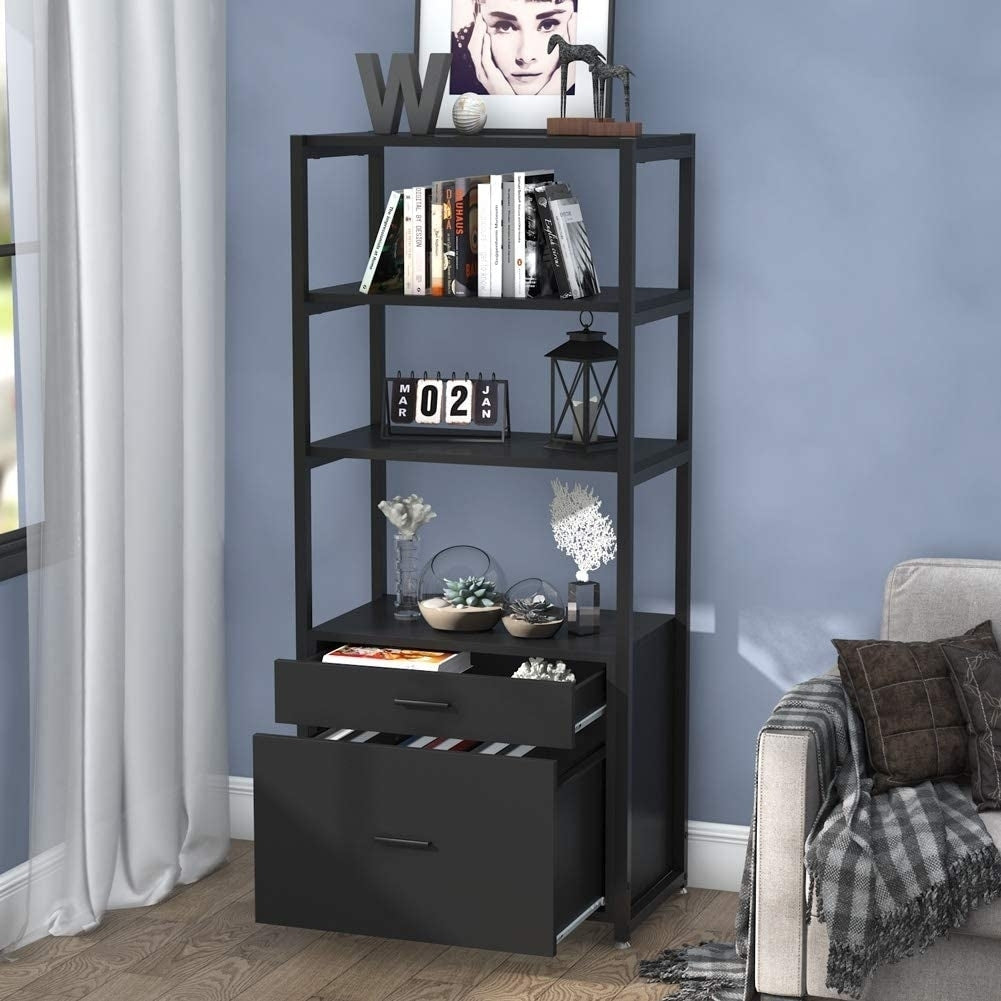 Tribesigns Bookcase Bookshelf, 4-Tier Modern File Cabinet with 2 Drawers, Lateral Filing Cabinet Image 4