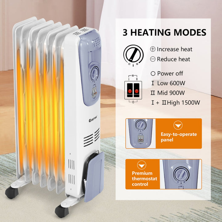 1500W Electric Oil Filled Radiator Space Heater 7-Fin Thermostat Room Radiant Image 6