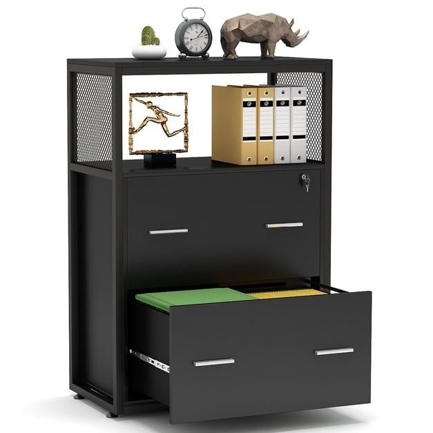 Tribesigns Lateral File Cabinet 2 Drawer Lockable Printer Stand Open Storage Shelves Image 1