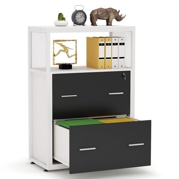 Tribesigns Lateral File Cabinet 2 Drawer Lockable Printer Stand Open Storage Shelves Image 3