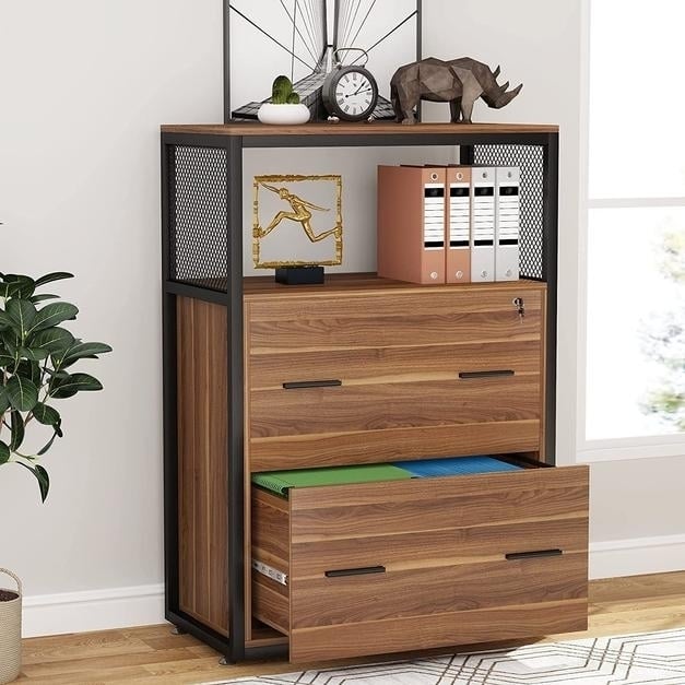 Tribesigns Lateral File Cabinet 2 Drawer Lockable Printer Stand Open Storage Shelves Image 1