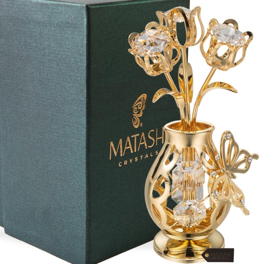 Matashi 24K Gold Plated Crystal Studded Flower Ornament in a Vase with Decorative Butterfly (Clear Crystals) Image 1