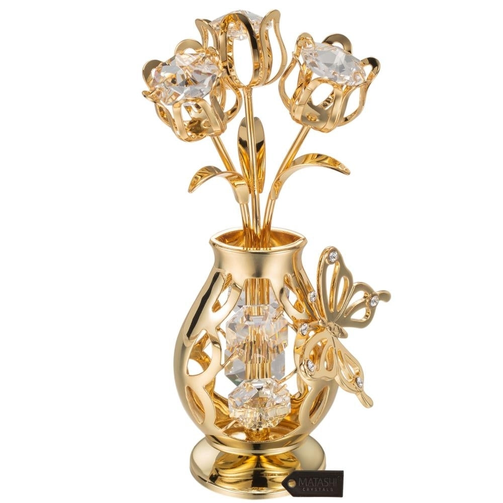 Matashi 24K Gold Plated Crystal Studded Flower Ornament in a Vase with Decorative Butterfly (Clear Crystals) Image 2