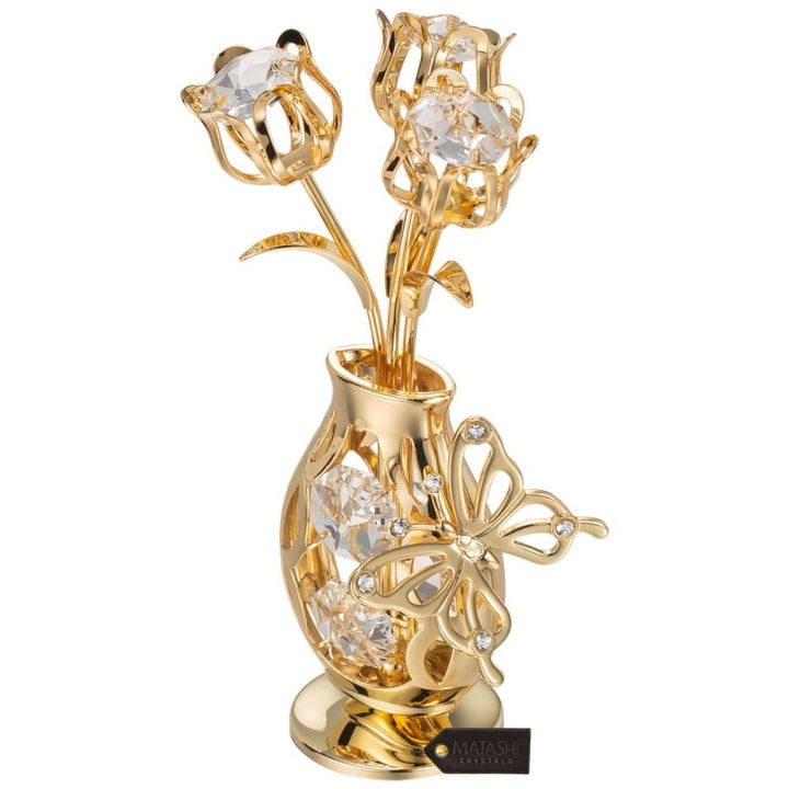 Matashi 24K Gold Plated Crystal Studded Flower Ornament in a Vase with Decorative Butterfly (Clear Crystals) Image 3