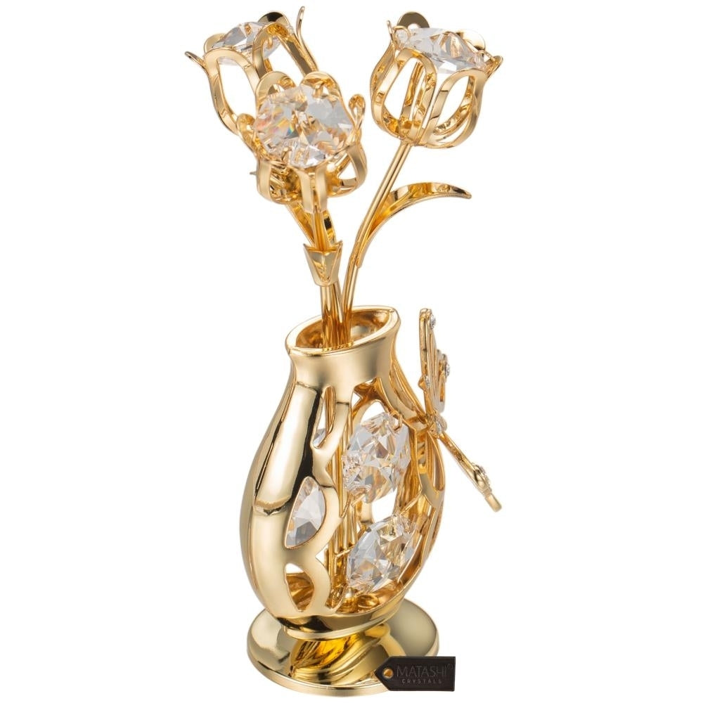 Matashi 24K Gold Plated Crystal Studded Flower Ornament in a Vase with Decorative Butterfly (Clear Crystals) Image 4