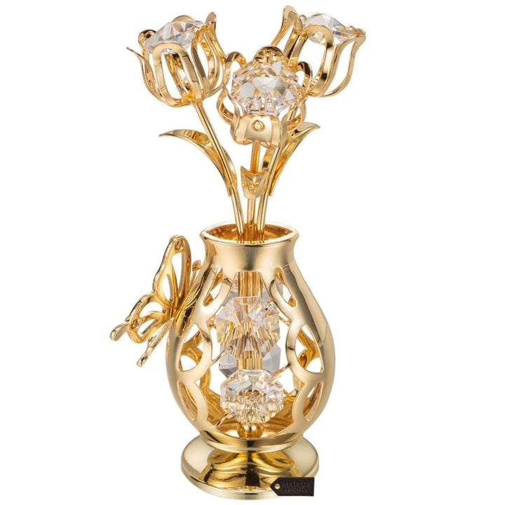 Matashi 24K Gold Plated Crystal Studded Flower Ornament in a Vase with Decorative Butterfly (Clear Crystals) Image 5