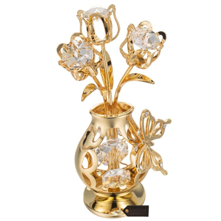 Matashi 24K Gold Plated Crystal Studded Flower Ornament in a Vase with Decorative Butterfly (Clear Crystals) Image 6