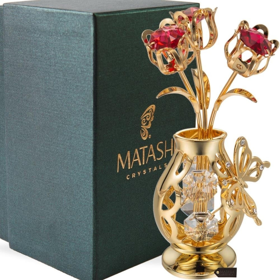 Matashi 24K Gold Plated Crystal Studded Flower Ornament in Vase with Decorative Butterfly (Red Crystals) Image 1