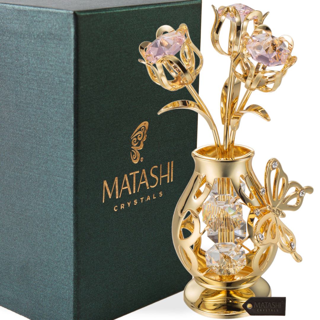 Matashi 24K Gold Plated Crystal Studded Flower Ornament in a Vase with Decorative Butterfly (Pink Crystals) Image 1