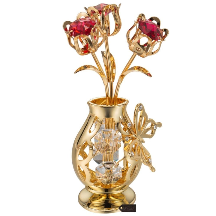 Matashi 24K Gold Plated Crystal Studded Flower Ornament in Vase with Decorative Butterfly (Red Crystals) Image 2