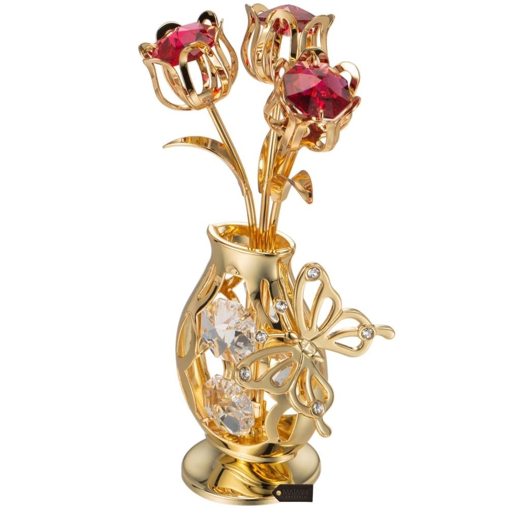 Matashi 24K Gold Plated Crystal Studded Flower Ornament in Vase with Decorative Butterfly (Red Crystals) Image 3