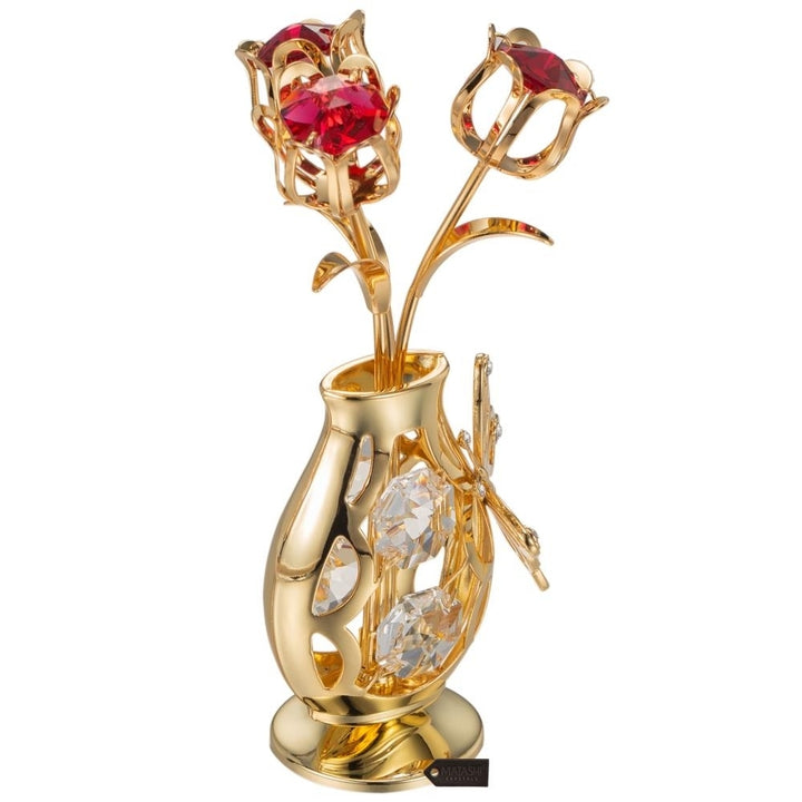 Matashi 24K Gold Plated Crystal Studded Flower Ornament in Vase with Decorative Butterfly (Red Crystals) Image 4