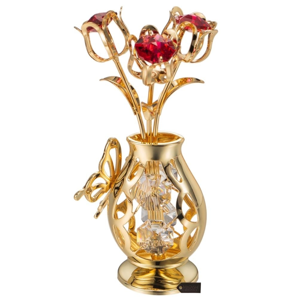 Matashi 24K Gold Plated Crystal Studded Flower Ornament in Vase with Decorative Butterfly (Red Crystals) Image 5