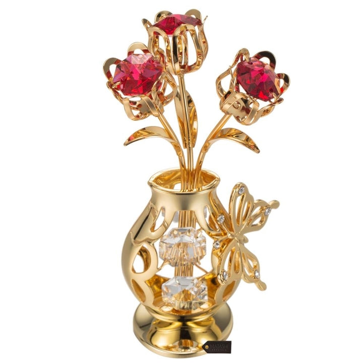 Matashi 24K Gold Plated Crystal Studded Flower Ornament in Vase with Decorative Butterfly (Red Crystals) Image 6