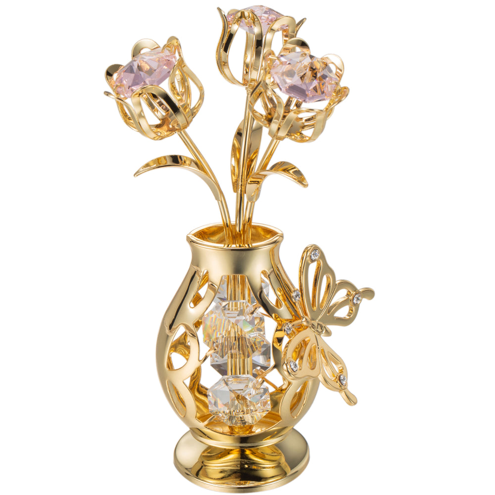 Matashi 24K Gold Plated Crystal Studded Flower Ornament in a Vase with Decorative Butterfly (Pink Crystals) Image 2