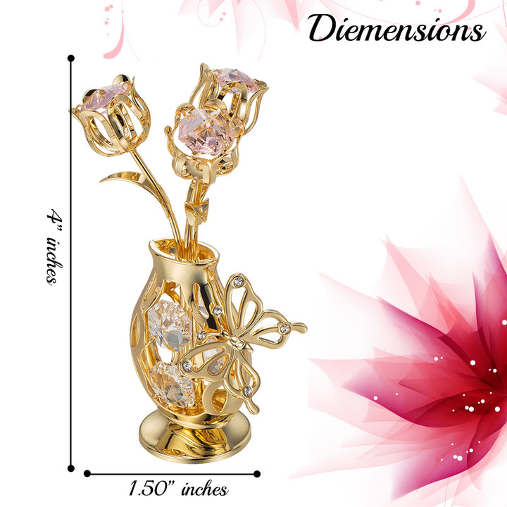 Matashi 24K Gold Plated Crystal Studded Flower Ornament in a Vase with Decorative Butterfly (Pink Crystals) Image 3