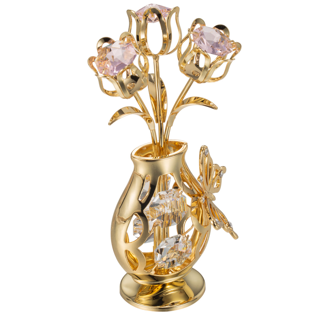 Matashi 24K Gold Plated Crystal Studded Flower Ornament in a Vase with Decorative Butterfly (Pink Crystals) Image 4