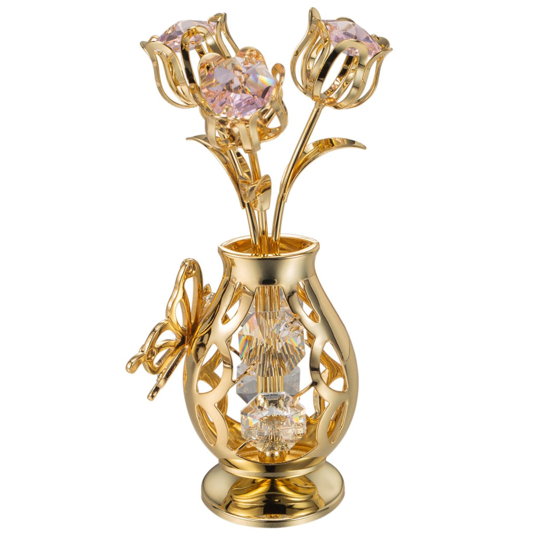 Matashi 24K Gold Plated Crystal Studded Flower Ornament in a Vase with Decorative Butterfly (Pink Crystals) Image 5