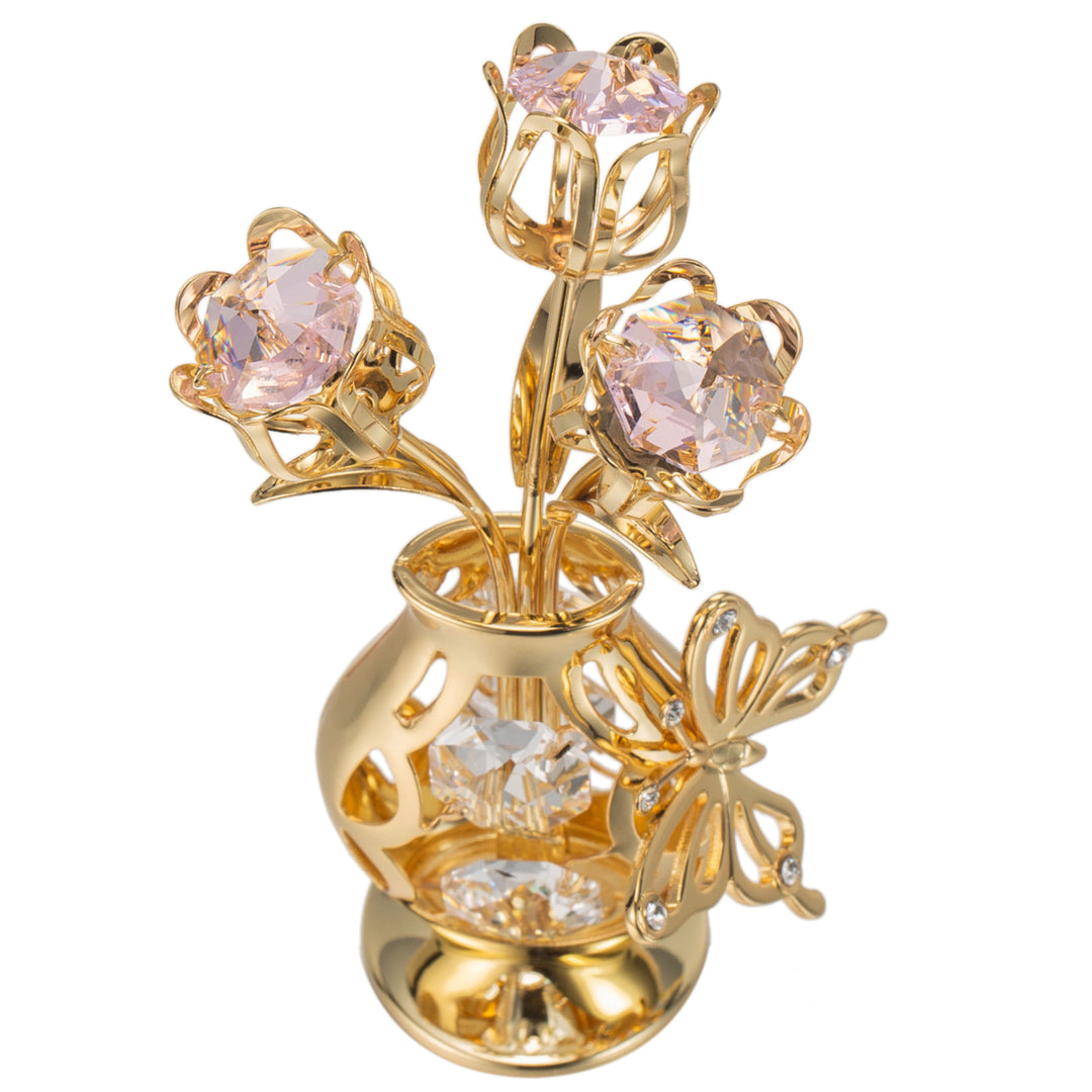 Matashi 24K Gold Plated Crystal Studded Flower Ornament in a Vase with Decorative Butterfly (Pink Crystals) Image 6