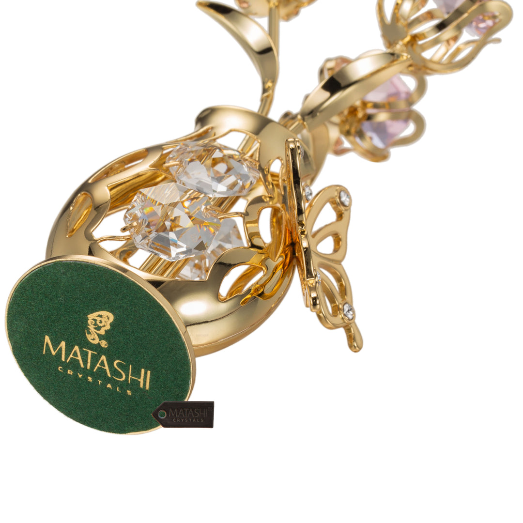 Matashi 24K Gold Plated Crystal Studded Flower Ornament in a Vase with Decorative Butterfly (Pink Crystals) Image 7