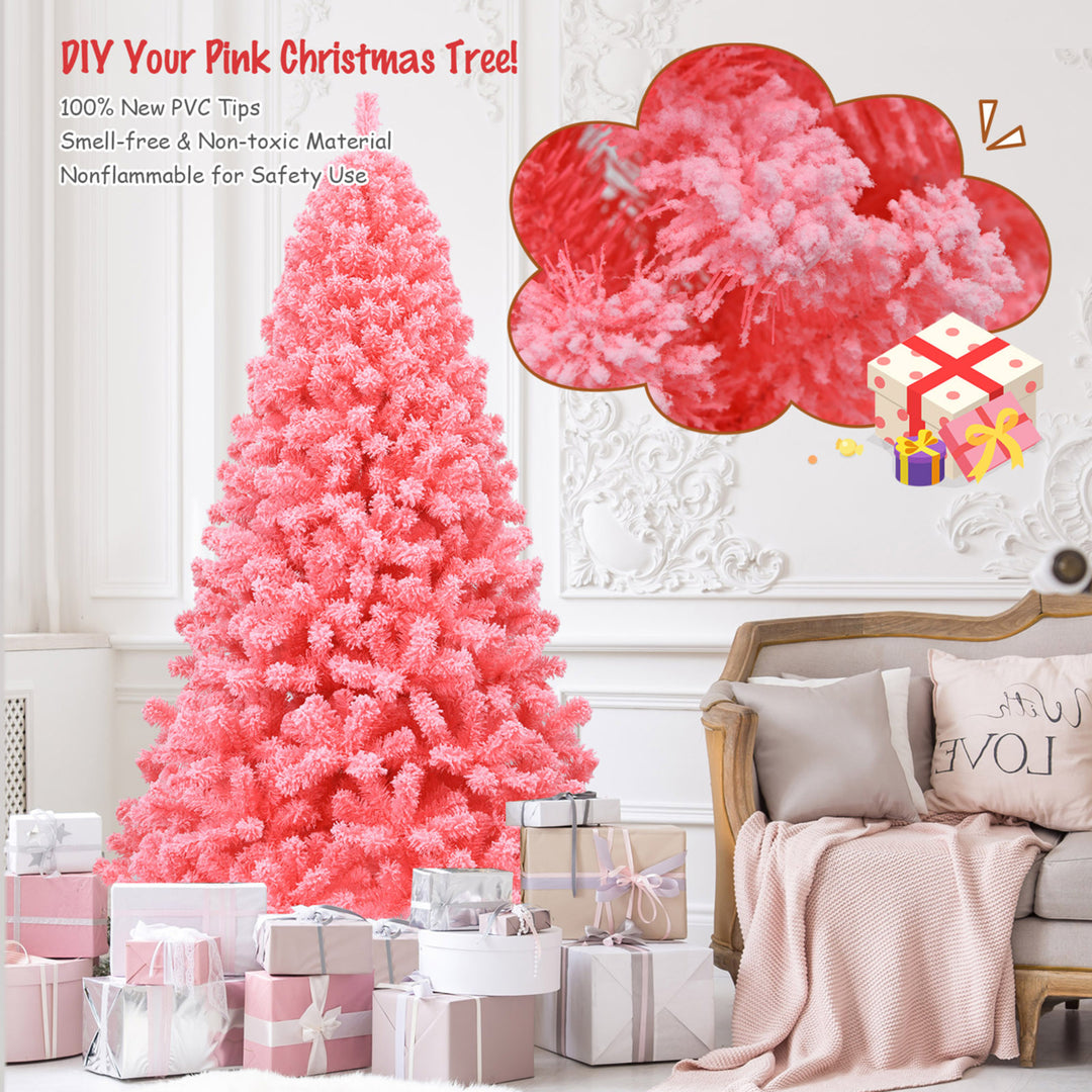 4.5/6.5/7.5 FT Artificial Snow Flocked Pink Christmas Tree Unlit Xmas PVC Tree Image 3