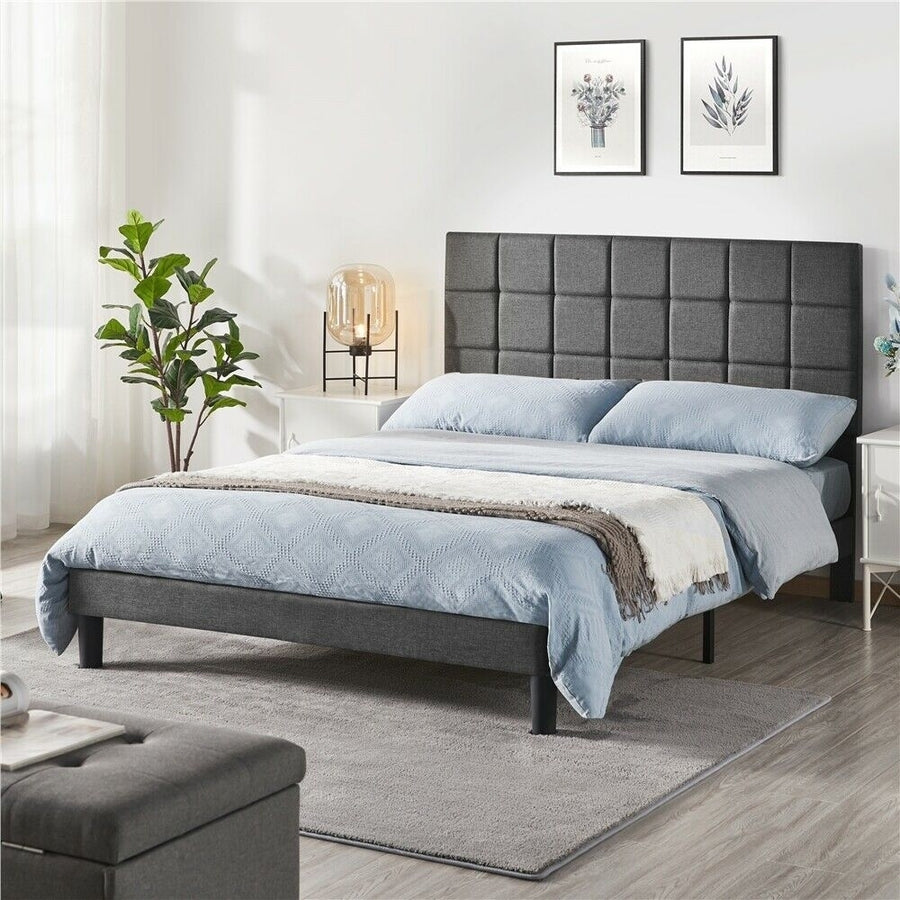 Upholstered Metal Bed Frame w/Adjustable Headboard Wood Slats Support Full/Queen Image 1