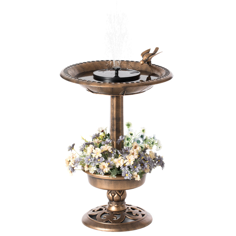 Outdoor Garden Bird Bath and Solar Powered Round Pond Fountain with Planter Bowl, Copper Image 1