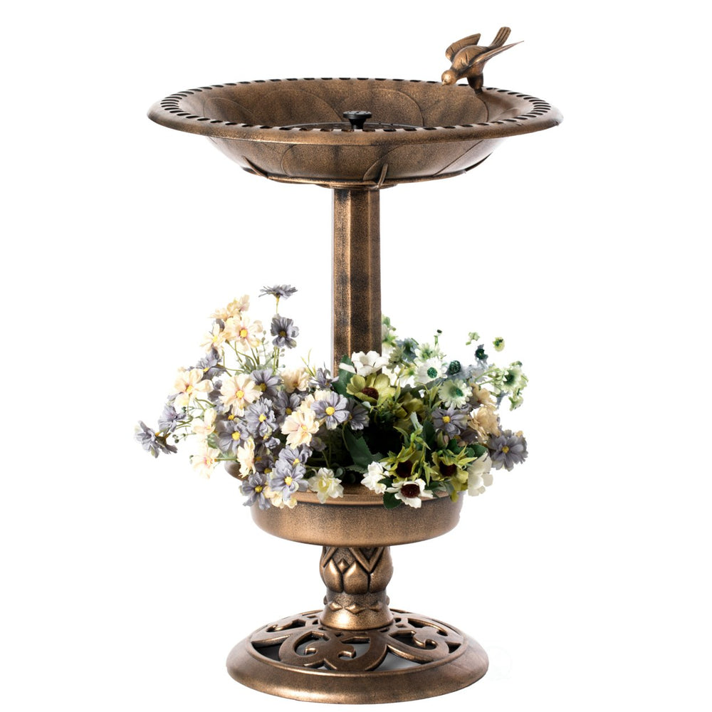Outdoor Garden Bird Bath and Solar Powered Round Pond Fountain with Planter Bowl, Copper Image 2
