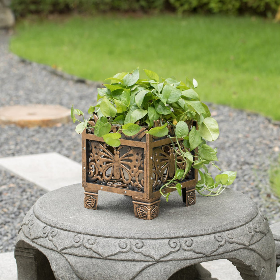 Outdoor Living Butterfly Square Plant Stand, Flower Planting Pot, Antique Bronze Image 3