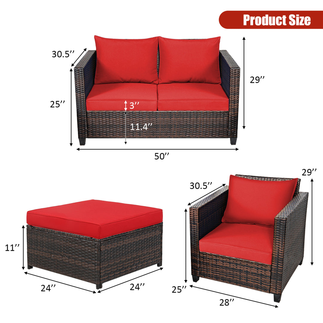 5PCS Outdoor Patio Rattan Conversation Sofa Furniture Set w/ Red Cushions Image 3