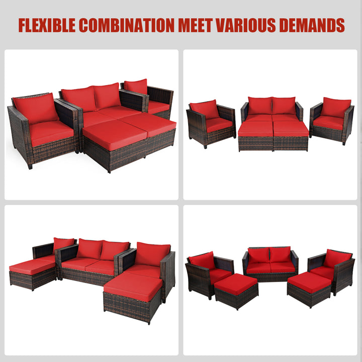 5PCS Outdoor Patio Rattan Conversation Sofa Furniture Set w/ Red Cushions Image 7