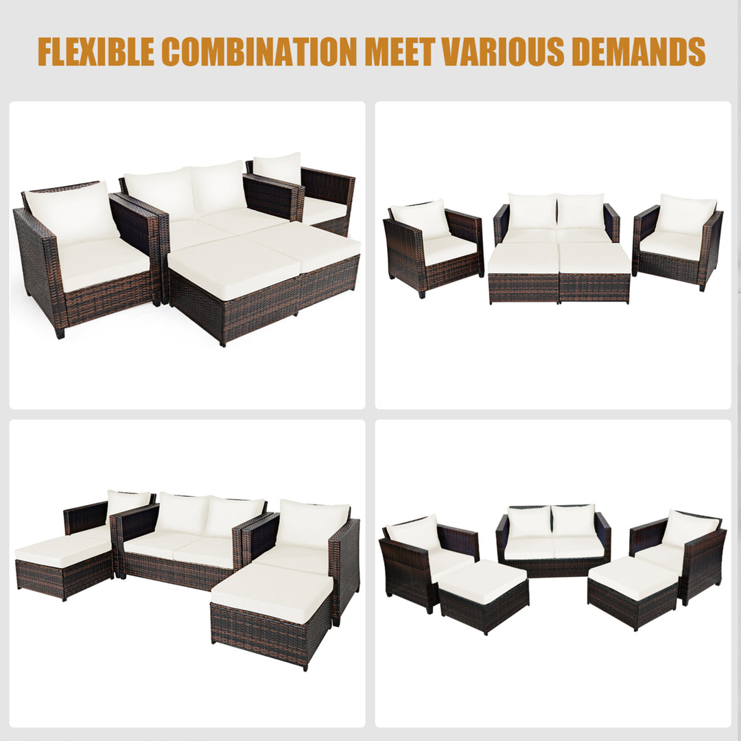 5PCS Outdoor Patio Rattan Conversation Sofa Furniture Set w/ White Cushions Image 3