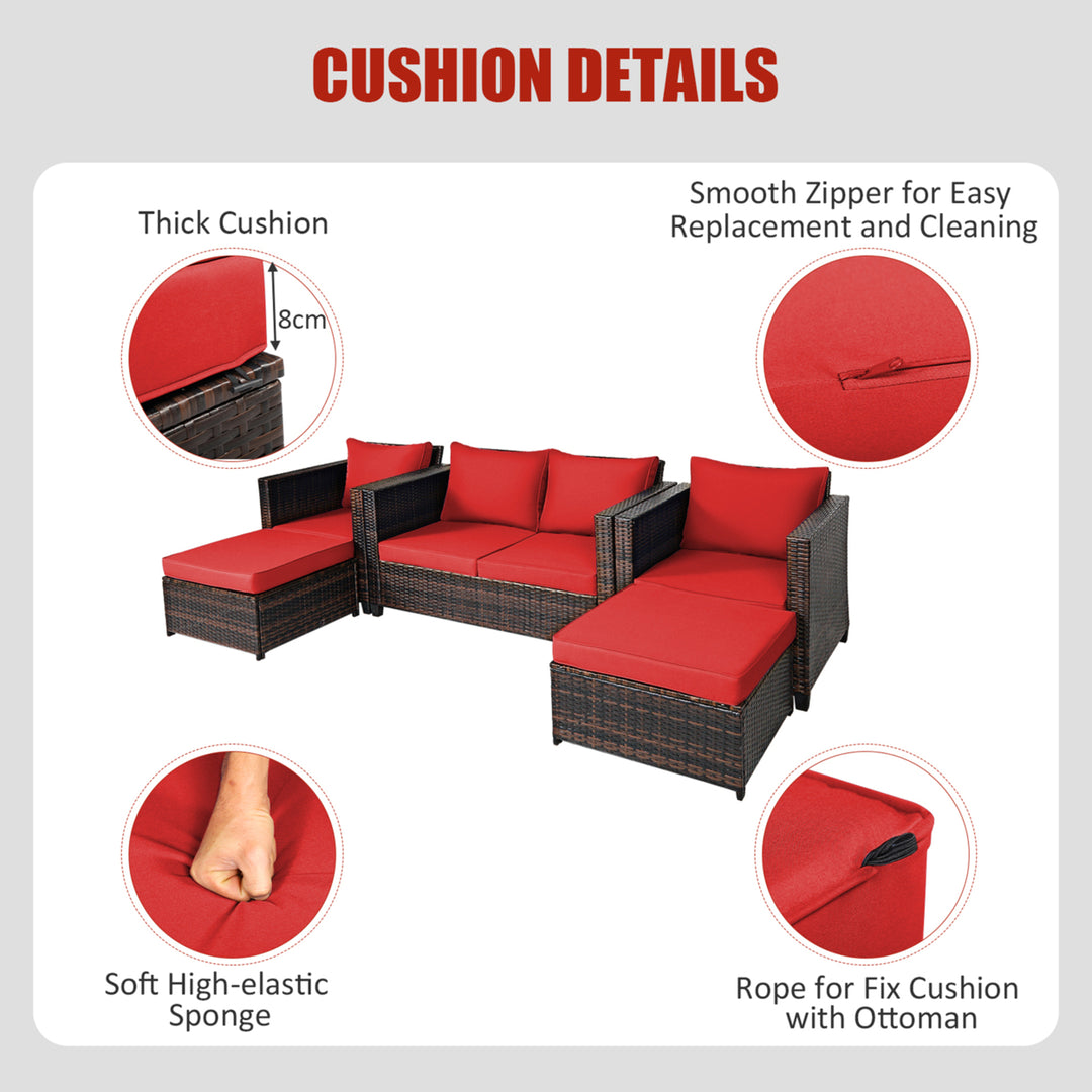 5PCS Outdoor Patio Rattan Conversation Sofa Furniture Set w/ Red Cushions Image 4