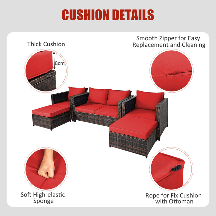 5PCS Outdoor Patio Rattan Conversation Sofa Furniture Set w/ Red Cushions Image 4