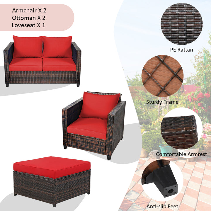 5PCS Outdoor Patio Rattan Conversation Sofa Furniture Set w/ Red Cushions Image 5