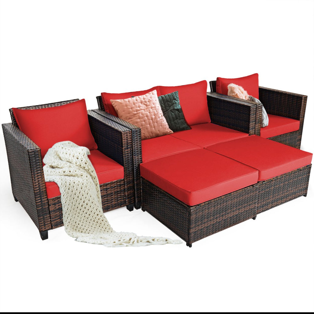 5PCS Outdoor Patio Rattan Conversation Sofa Furniture Set w/ Red Cushions Image 2