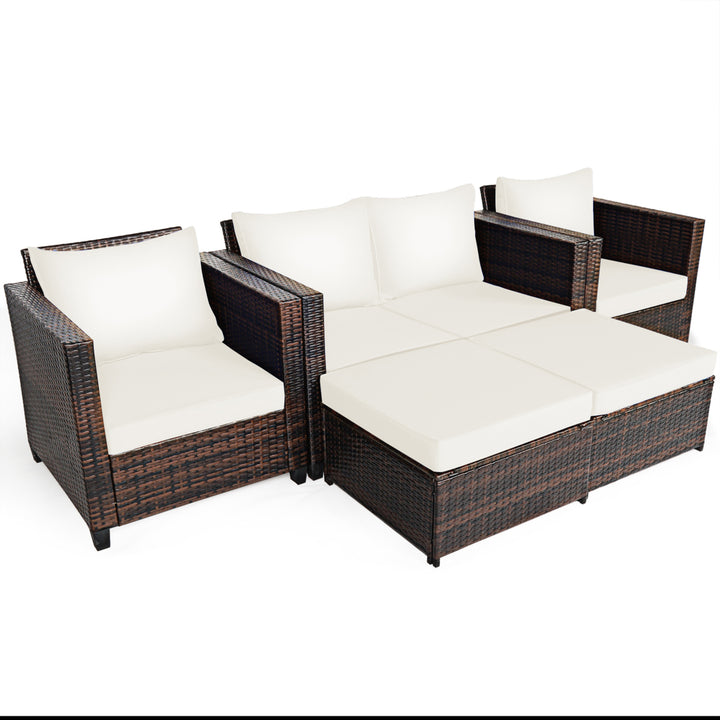 5PCS Outdoor Patio Rattan Conversation Sofa Furniture Set w/ White Cushions Image 2