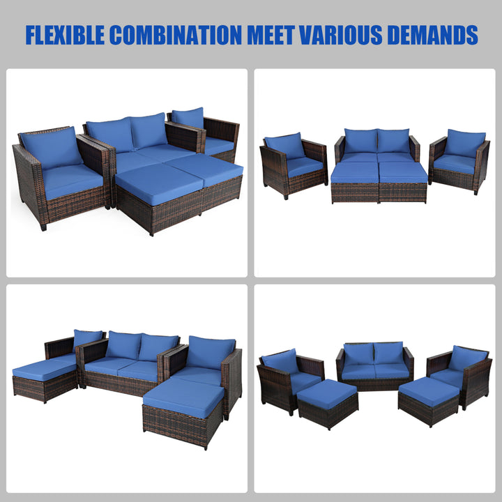 5PCS Outdoor Patio Rattan Conversation Sofa Furniture Set w/ Navy Cushions Image 7