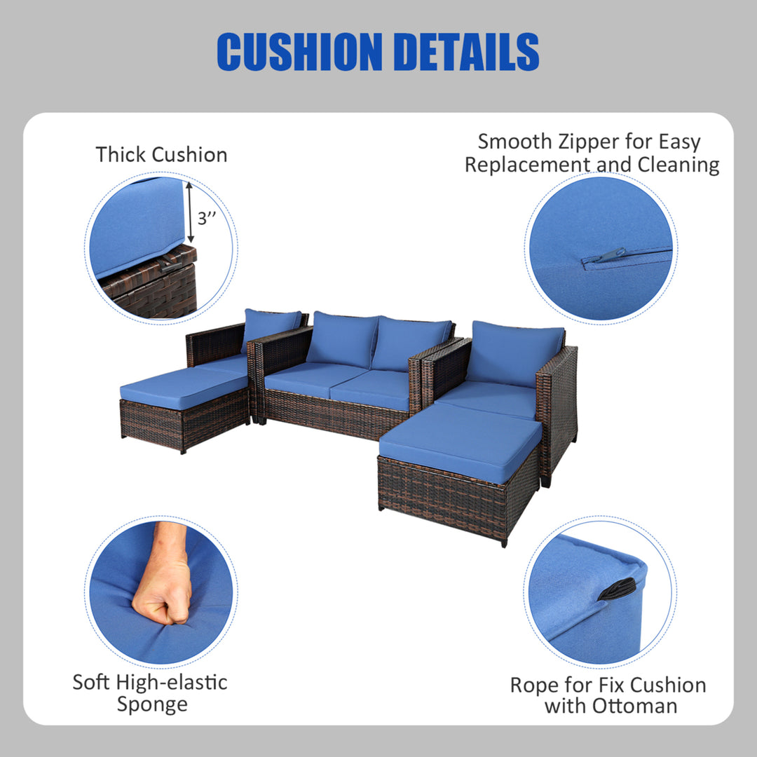 5PCS Outdoor Patio Rattan Conversation Sofa Furniture Set w/ Navy Cushions Image 4