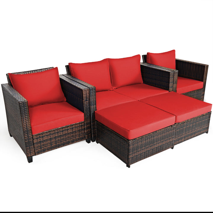 5PCS Outdoor Patio Rattan Conversation Sofa Furniture Set w/ Red Cushions Image 8