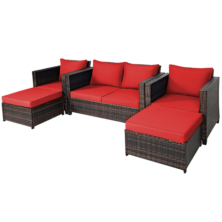 5PCS Outdoor Patio Rattan Conversation Sofa Furniture Set w/ Red Cushions Image 9