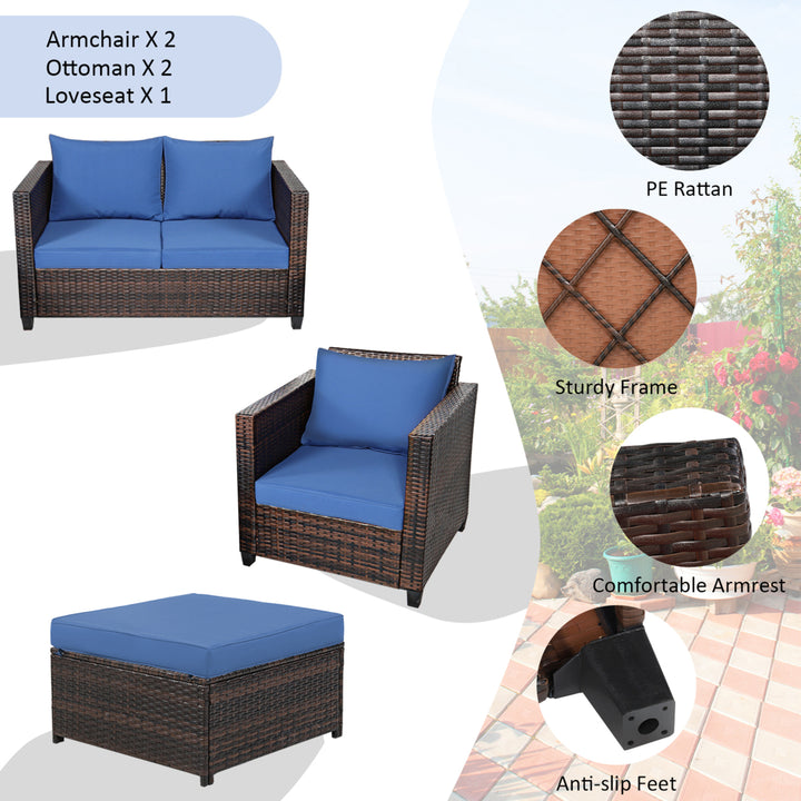 5PCS Outdoor Patio Rattan Conversation Sofa Furniture Set w/ Navy Cushions Image 5